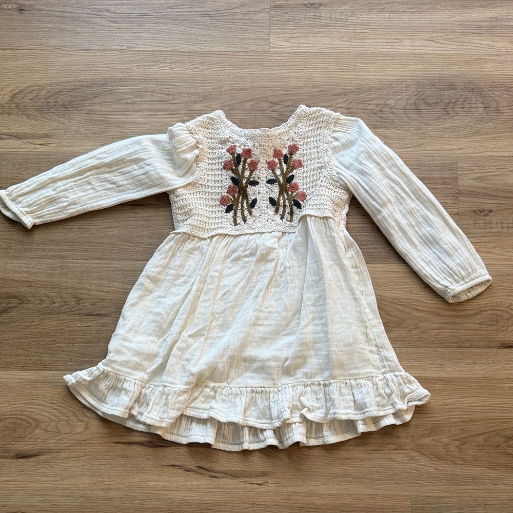 Charming Cream Kids Dress with Embroidered Details